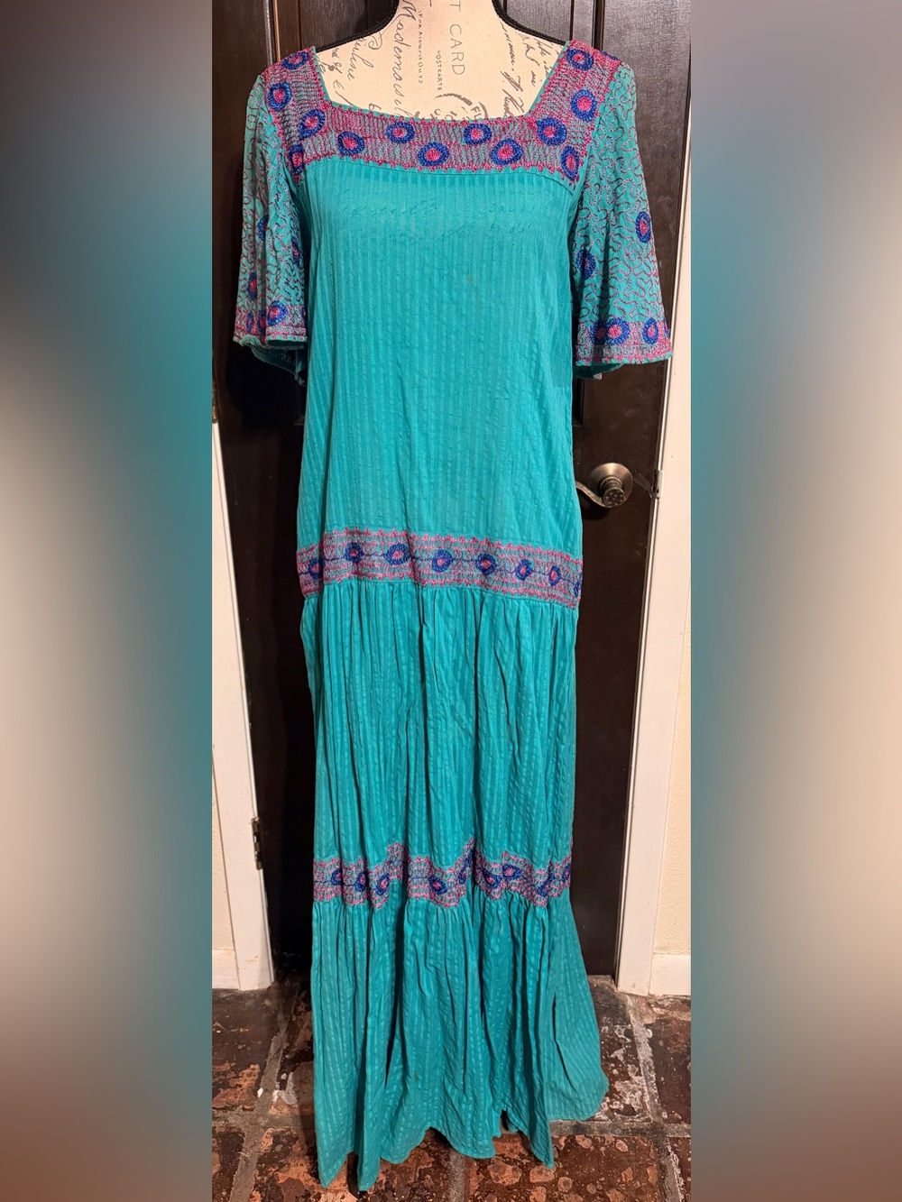 VTG 70s Ramona Rull Turquoise Cotton Boho Maxi Dress Mirrored With Pockets